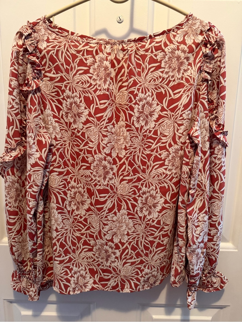 LOFT Rust Floral Ruffle Long-Sleeve Blouse